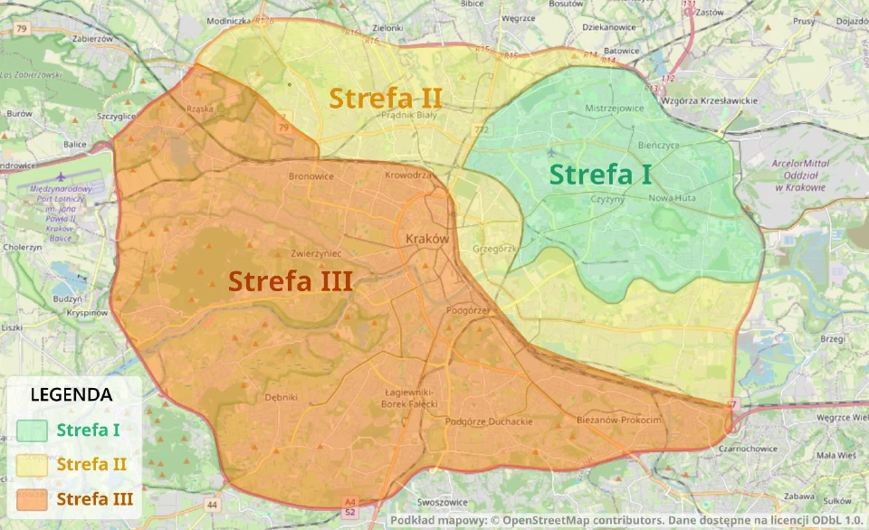 Orientacyjna mapa Krakowa z zaznaczonymi strefami dojazdu I, II i III